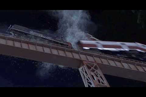 Head on train crash movie, on a bridge, derailment after collision, behind the scenes. HO scale fail