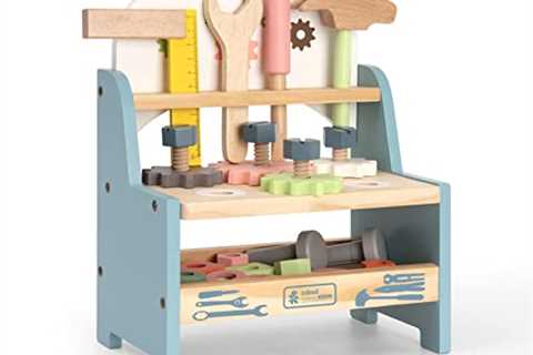 ROBUD Mini Wooden Play Tool Workbench Set for Kids Toddlers - Construction Toys Gift for 3 4 5..